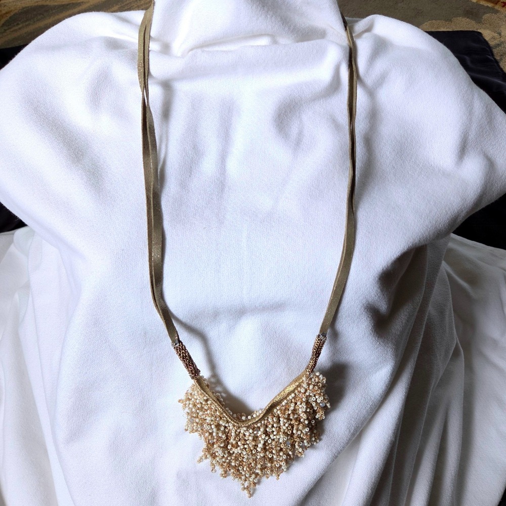 Chico's Aurora 20-24" Necklace Gold Cream Beaded Bib Metallic Cord NWT